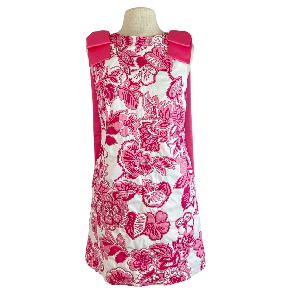 Trina Turk Priscilla 2 Shift Dress Sz S Pink White Floral Bow Shoulder Mod Retro